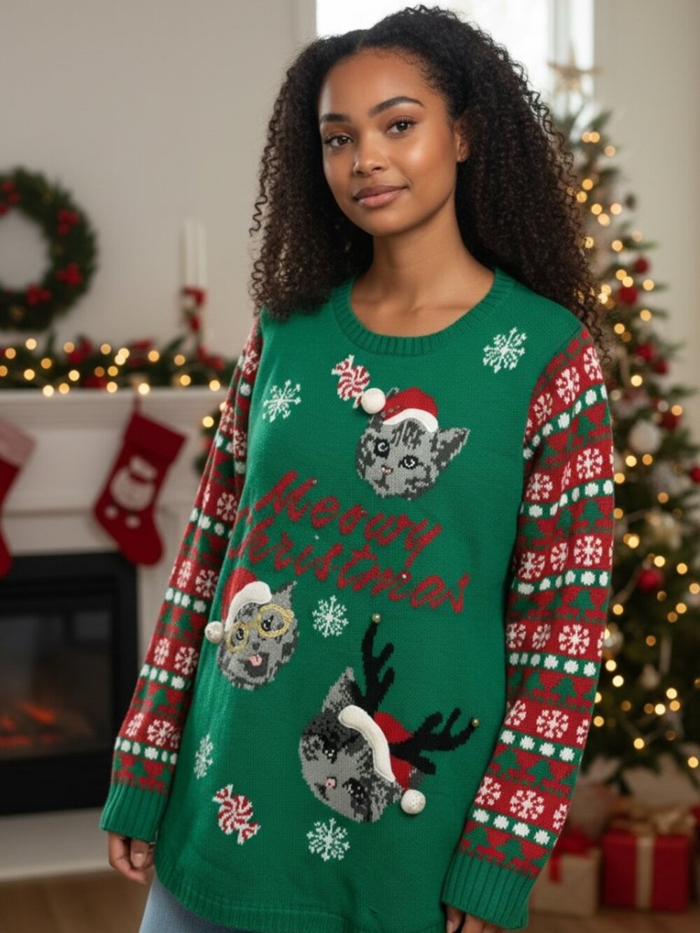 Women's Christmas Cat Ugly Sweater Crew Neck Sweet Shirt‎ Size XXL Green
